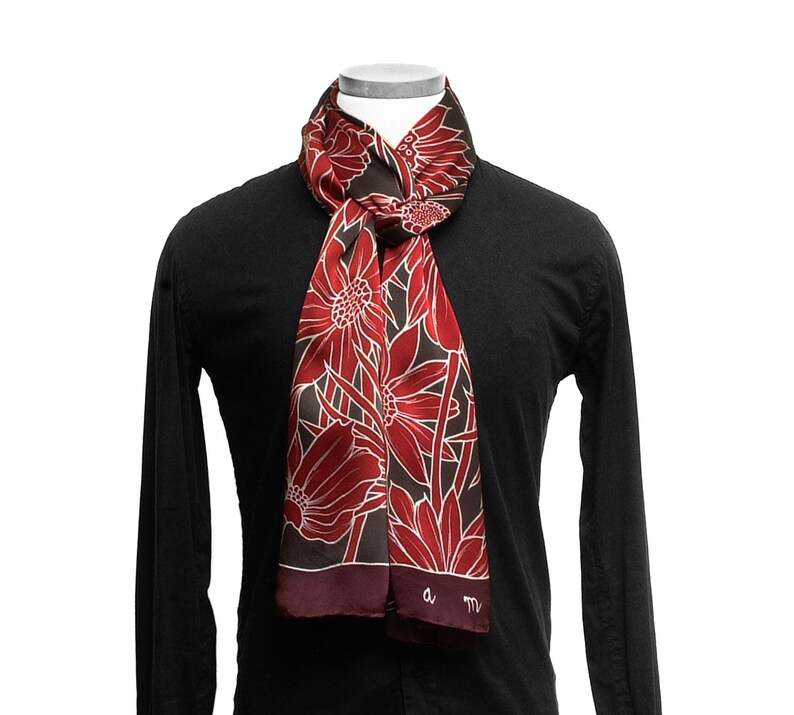 Hand painted silk scarf with burgundy flowers. Floral mens Etsy