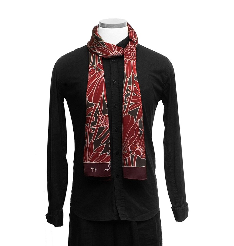 Hand painted silk scarf with burgundy flowers. Floral mens Etsy
