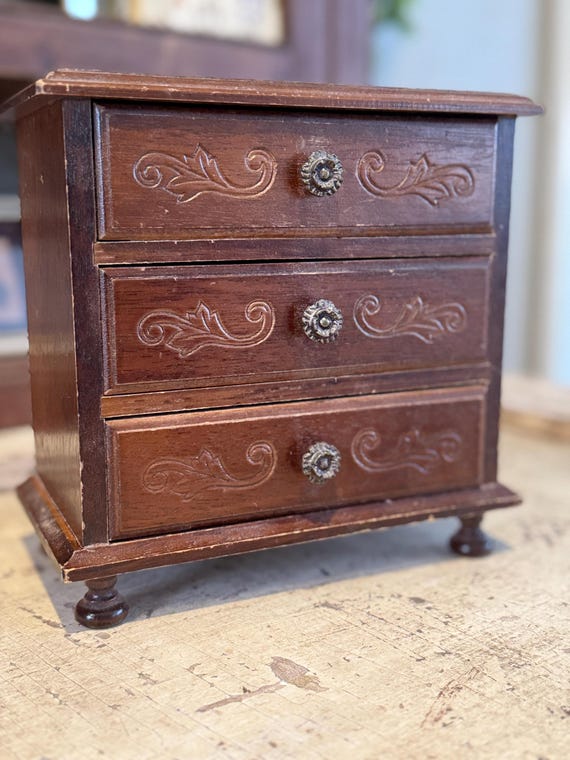 Vintage Mele & Co Wooden Jewelry Box Chest 3 Drawer Storage