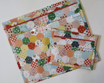 Patchwork Vinyl Front Project Bag SET OF 2, Needlepoint, Travel Organizer, Embroidery