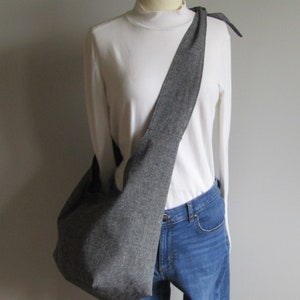 Linen Boho Bag, Hobo Bag, Fully Lined, Pockets, Key Clasp, Adjustable, Linen Tote, Black Tweed, Pepper