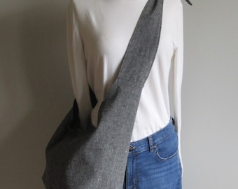 Linen Boho Bag, Hobo Bag, Fully Lined, Pockets, Key Clasp, Adjustable, Linen Tote, Black Tweed, Pepper
