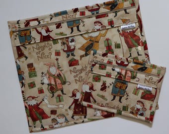 Teresa Kogut Vinyl Project Bag SET OF 2: Needlepoint, WIP Holde, Cross Stitch, Folk Art Santa