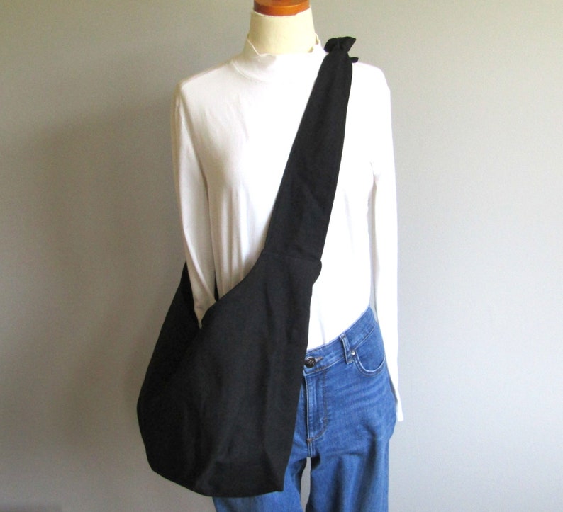 Linen Boho Bag, Hobo Bag, Fully Lined, Pockets, Key Clasp, Adjustable, Linen Tote, Black image 2