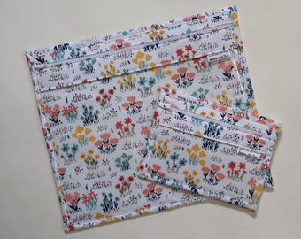 Vinyl Project Bag SET OF 2: Flowers on White, Needlepoint, Travel Organizer, Embroidery, Cross Stitch