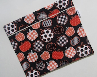 Large Fabric Project Bag: Orange and Black Pumpkins, Travel Tote, Embroidery, Needlepoint