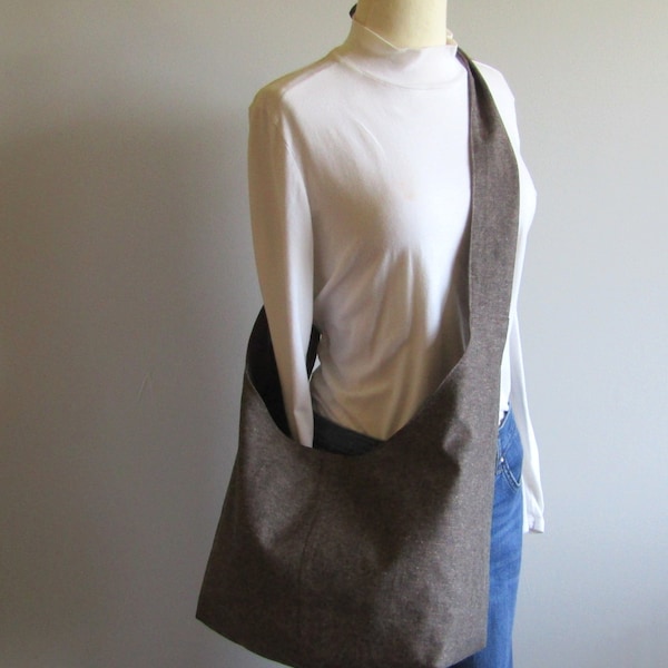 Linen Boho Bag, Hobo Bag, Sling Bag, Fully Lined, Pockets, Key Clasp, Adjustable, Linen Tote, Brown, Expresso