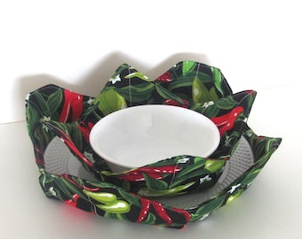 Microwave Bowl and Plate Set, Bowl Cozy, Plate Cozy, Fabric Bowl, Chili Peppers, Bridal Gift, Senior Gift, Cozies Set