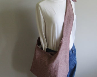 Linen Boho Bag, Hobo Bag, Sling Bag, Fully Lined, Pockets, Key Clasp, Adjustable, Linen Tote, Wine, Maroon