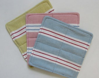 Quilted Coaster, Pastel Stripes, Linen, Water Proof Lining , Fabric, Mug Rug, Absorbent, Furniture Protecting, Reversible