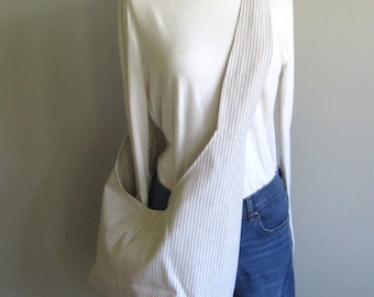 Striped Linen Boho Bag, Hobo Bag, Sling Bag, Fully Lined, Pockets, Key Clasp, Adjustable, Linen Tote, Natural Stripes