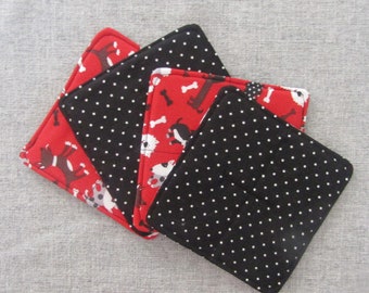 Quilted Coaster, Dogs, Black Polka Dot, Water Proof Lining , Fabric, Mug Rug, Absorbent, Furniture Protecting, Reversible