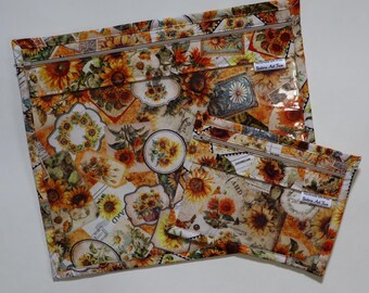 Vinyl Project Bag SET OF 2: Sunflowers, Needlepoint, Travel Organizer, Embroidery, Cross Stitch