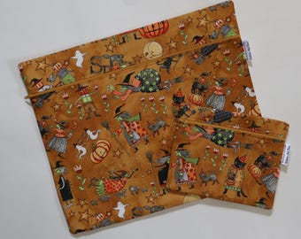 Large Fabric Project Bag Set of 2: Cross Stitch, Needlepoint, Travel Bag, Halloween Witches