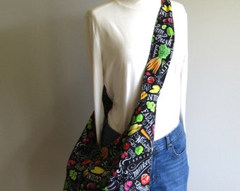 Cotton Boho Bag, Farmer's Market Bag, Sling Bag, Fully Lined, Pockets, Key Clasp, Adjustable, Vegetables on Black