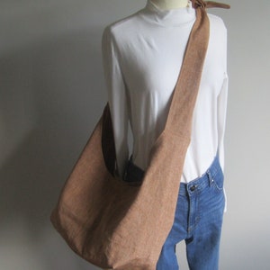 Linen Boho Bag, Hobo Bag, Fully Lined, Pockets, Key Clasp, Adjustable, Linen Tote, Pecan, Rust