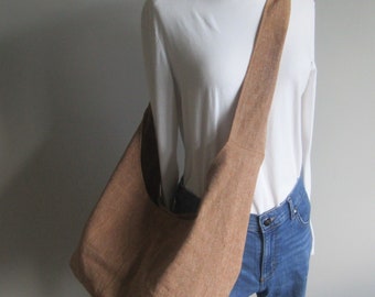 Linen Boho Bag, Hobo Bag, Fully Lined, Pockets, Key Clasp, Adjustable, Linen Tote, Pecan, Rust