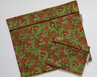 Large Fabric Project Bag Set of 2: Cross Stitch, Needlepoint, Green Folk Flowers, Teresa Kogut