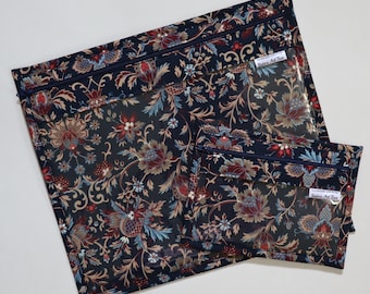 Vinyl Project Bag SET OF 2: Navy Jacobean, Needlepoint, Travel Organizer, Embroidery, Cross Stitch