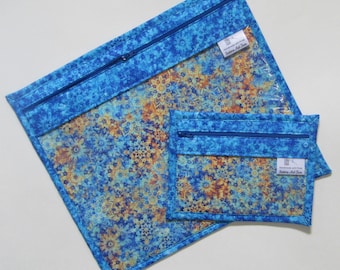 Vinyl Front Project Bags - Turquoise Dahlias, Needlepoint, SET OF 2