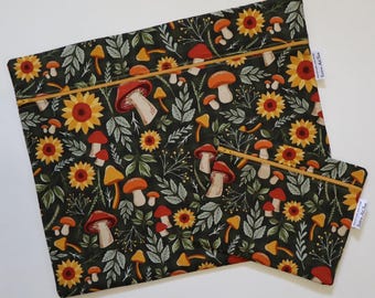 Large Fabric Project Bag Set of 2: Cross Stitch, Needlepoint, Travel Bag, Fall Mushrooms