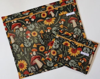 Fall Mushrooms Vinyl Project Bag SET OF 2: Needlepoint, Travel Organizer, Embroidery, Cross Stitch