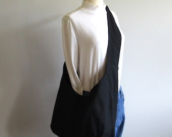 Black Linen Hobo Bag, Adjustable Crossbody Tote with Pockets