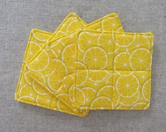 Quilted Coaster, Lemons, Yellow, Water Proof Lining , Fabric, Mug Rug, Absorbent, Furniture Protecting, Reversible