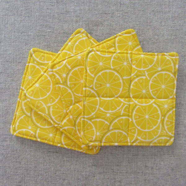 Quilted Coaster, Lemons, Yellow, Water Proof Lining , Fabric, Mug Rug, Absorbent, Furniture Protecting, Reversible