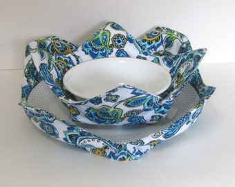 Microwave Bowl and Plate Set, Bowl Cozy, Plate Cozy, Fabric Bowl, Blue and White Jacobean, Bridal Gift, Senior Gift, Cozies Set