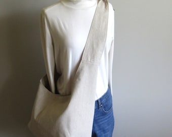 Linen Boho Hobo Bag: Adjustable Crossbody Sling Bag, Flax, Natural