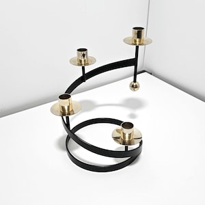 Gunnar Ander mid-century modern candle holder Ystad Metall Sweden black lacquered metal brass details Scandinavian 1950s vintage candelabra