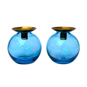 Space-age candlesticks glass and brass Gunnar Ander 1960s Scandinavian design Lindshammar Sweden turquoise golden