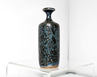 Rolf Palm Mölle small vase Scandinavian 1960s design Swedish vintage pottery petrol blue black spotted glaze Sweden stoneware