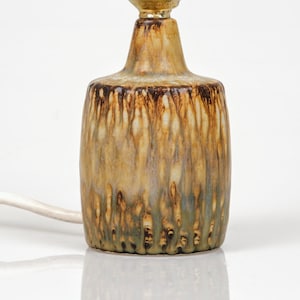 K&ouml;nnte beinhalten: Eine Tischlampe aus Keramik mit strukturierter, glasierter Oberfl&auml;che. Die Lampe hat ein braunes, beiges und gr&uuml;nes Farbschema mit einer goldfarbenen Oberseite. Ein wei&szlig;es Stromkabel erstreckt sich von der Basis.
