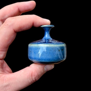 Puede incluir: Pequeño jarrón de cerámica azul, cuerpo redondeado y cuello estrecho. Acabado brillante y textura moteada. Azul vibrante con toques de azul claro y beige. El jarrón se muestra sobre un fondo negro.