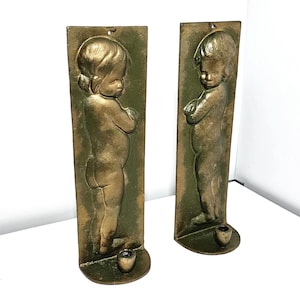 PAIR of XL Art Deco metal wall candlesticks European 1930s gold green color 3D relief decorated wall sconces for single candles forged iron