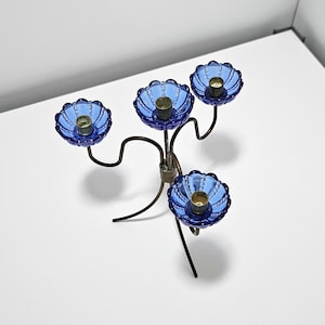 Gunnar Ander Ystad Metall candelabra Scandinavian mid-century design brass and blue glass minimalistic style Sweden vintage rare mcm