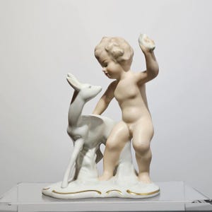 Wallendorf porcelain figurine Boy and deer mid-century vintage sculpture Germany
