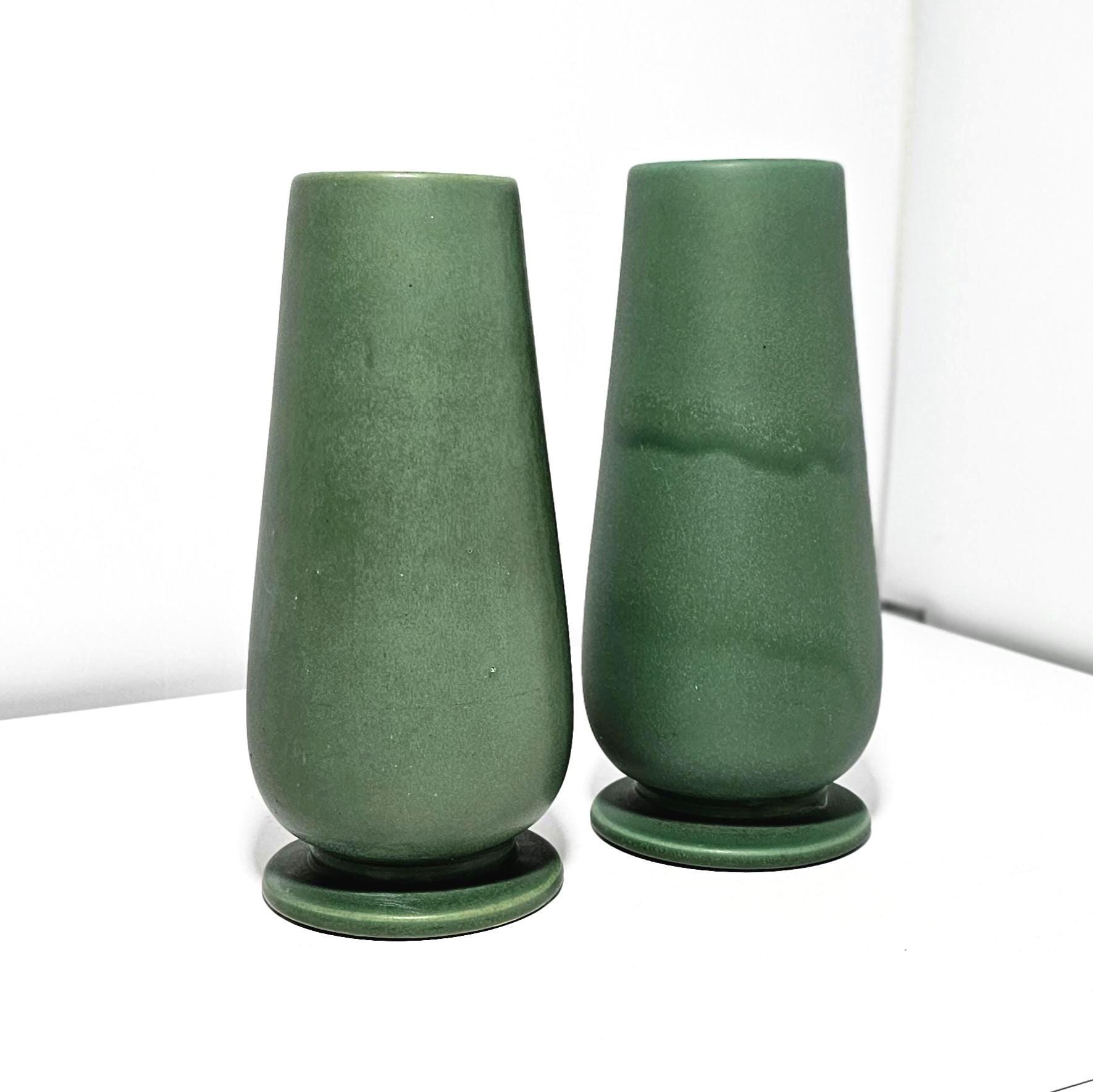 PAIR of Gunnar Nylund torpedo vases Rörstrand PLANO series Scandinavian 1930s Art Deco pottery Swedish vintage stoneware matte green vase