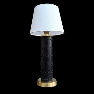 Modern Brutalist table lamp Scandinavian 1960s design brass and black leather vintage