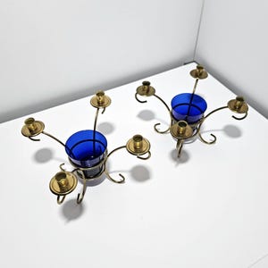PAIR of Gunnar Ander Ystad Metall mcm candelabras Scandinavian 1950s design brass and blue glass Sweden rare