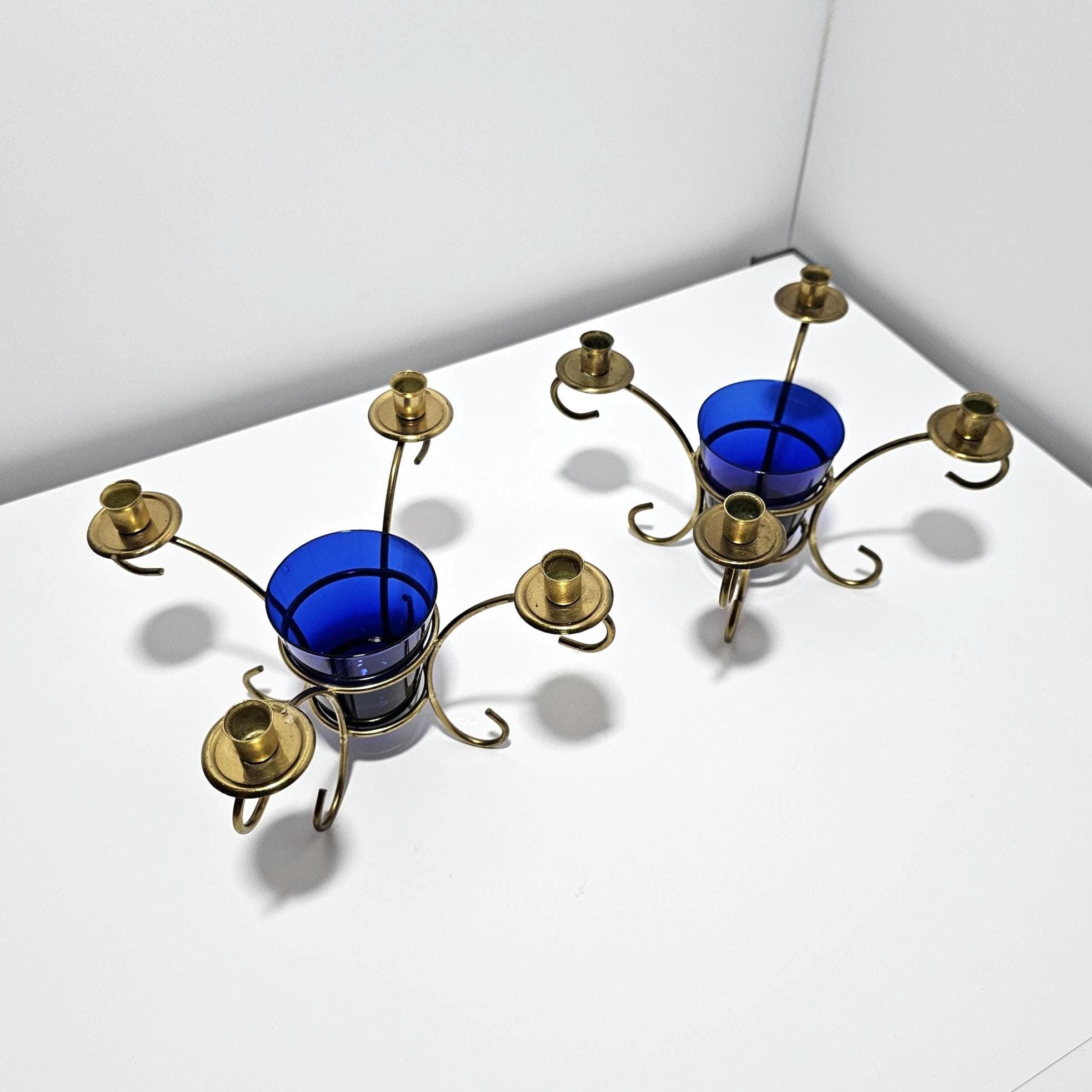 Gunnar Ander Ystad Metall Candelabras: Brass & Blue Glass, 1950s Scandinavian Design