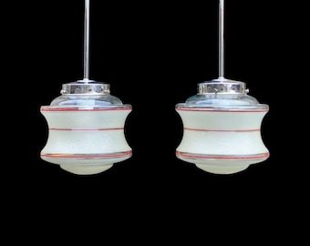 PAIR of Art Deco Pendant Lights: 1930s Scandinavian Design Glass and Chrome RARE