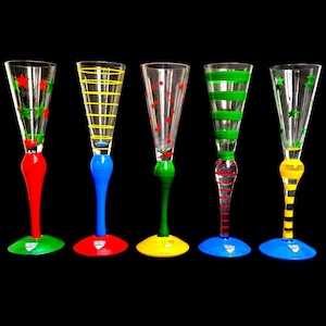 SET of 5 Orrefors &quot;Clown&quot; shot glasses Anne Nilsson 1990s Scandinavian design Swedish glass art handmade hand painted Clown Glass