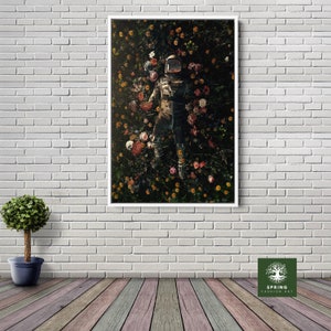 Nasa Astronaut Couple Wall Art, Gift For Her/Him, Huge Canvas Home Decor, Couple Gift, Flowers and Astronauts Wall Decor, Astronaut Wall Art