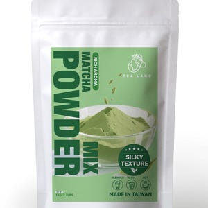 May include: A white pouch of matcha powder mix with a green label. The label features the text "POWDER MIX MATCHA" and "RICH AROMA". The package also includes the text "SILKY TEXTURE" and "TEA LAND". The net weight is 1KG/2.2LBS.