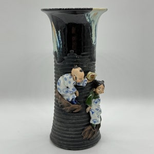 Fine Antique Japanese Meiji Sumida Gawa Pottery Glazed Ceramic Vase Signed