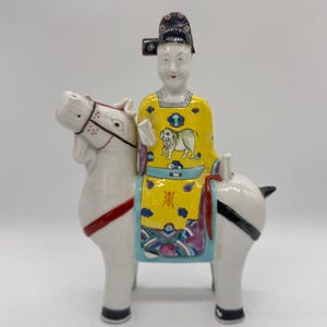 Antique Chinese Porcelain Rider Figurine on Horse – Qing Dynasty Style Yellow Glaze | Asian Art Home Decor, Wedding Gift, Collectors Piece