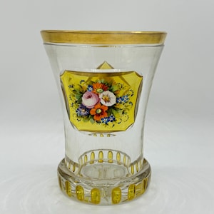 Antique Bohemian Biedermeier Glass Gilded Beaker With Polychrome Enamel